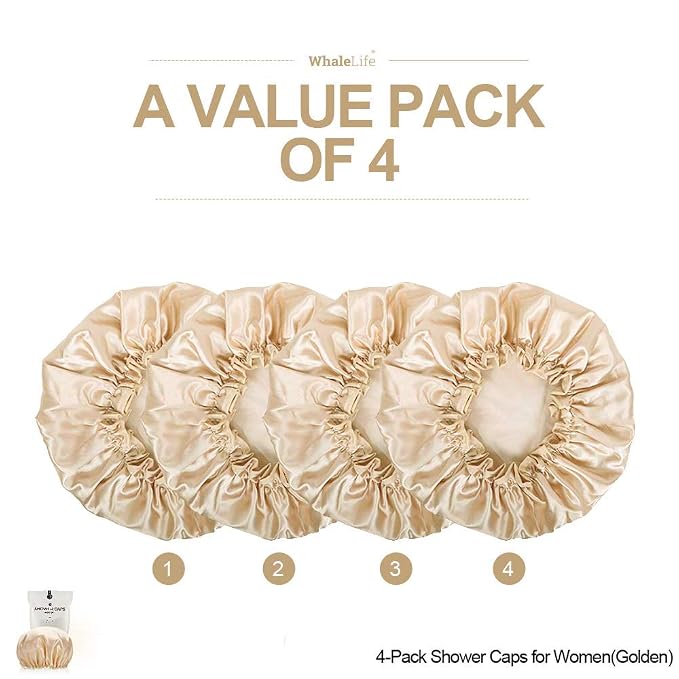 Shower Caps Satin Lined Waterproof for Women Men - 4Pc Golden | Double Layer 100 Percent Dry Jumbo Oversized Fits Thick Hair Smooth Lining Prevents Hair Frizz Snug Elastic Band No Pressure