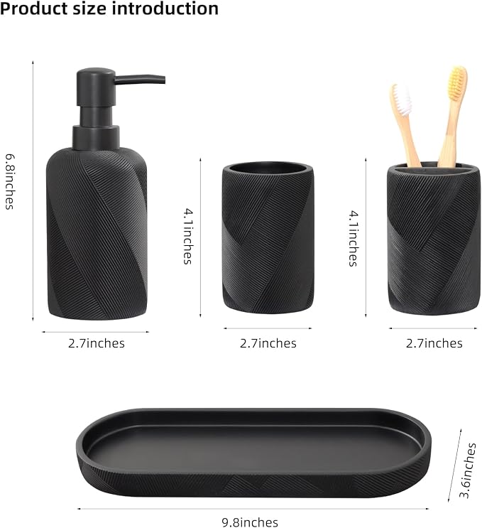 Bathroom Accessories Set, Bathroom Organizer Countertop, Matte Black, 4 PCS | Modern,Simple,Stripe, With 10OZ Soap Dispenser, Toothbrush Holder, Mouthwash Cup, Vanity Tray for Bathroom Home Hotel Office