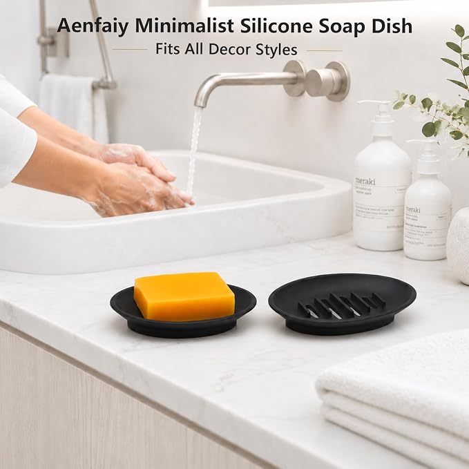 2 Pack Silicone Bar Soap Holder for Shower, Self-Draining Black Soap Dish Tray for Bathroom Sink, Kitchen Counter, Shower Niche/Shelf, Bathtub, Easy Cleaning Simple Oval Soap Saver Stand