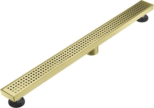 AVSIILE Linear Shower Floor Drain, Brushed Gold 36 Inch 304 Stainless Steel Bathroom Drains Kit, Long Rectangular Shower Trench Drain with Square Pattern Drain Cover & Hair Catcher
