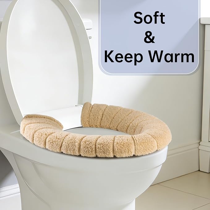 Toilet Seat Cover with Snaps Fixed,Thick Warmer,Machine Washable(beige) | soft thicker warm,easy to install,stretchable,non slip pad,stay in place,universal size,fit most toilet,reusable portable