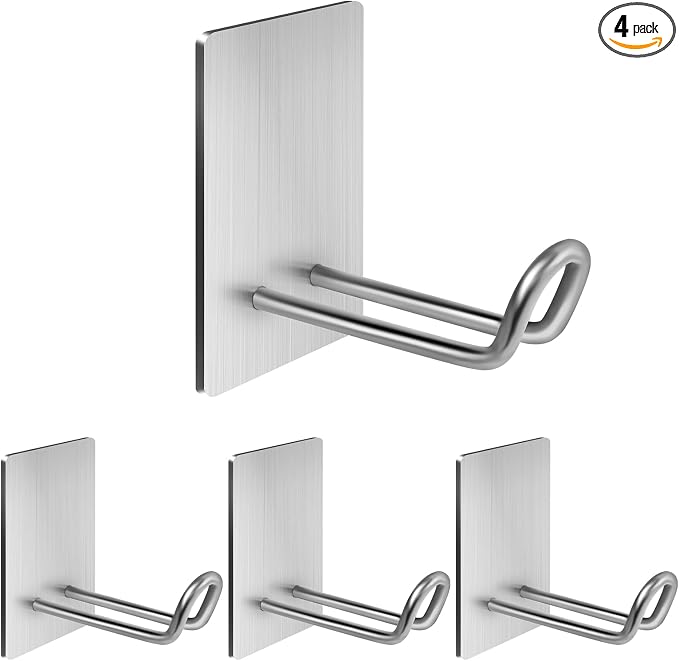 Self Adhesive Hooks Heavy Duty, Large Stainless Steel Towel Hooks, No Drill Sticky Hooks, Long Stick on Shower Wall Hooks for Hanging Hat Coat Key Headphone (Sliver(4Pcs))