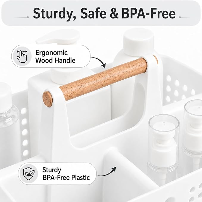 Portable Shower Caddy Basket with Wood Handle, 3-Compartment Bathroom Organizer Tote with Drain Holes, Plastic Shower Basket for Dorm, Toiletries, Cleaning Supplies, White