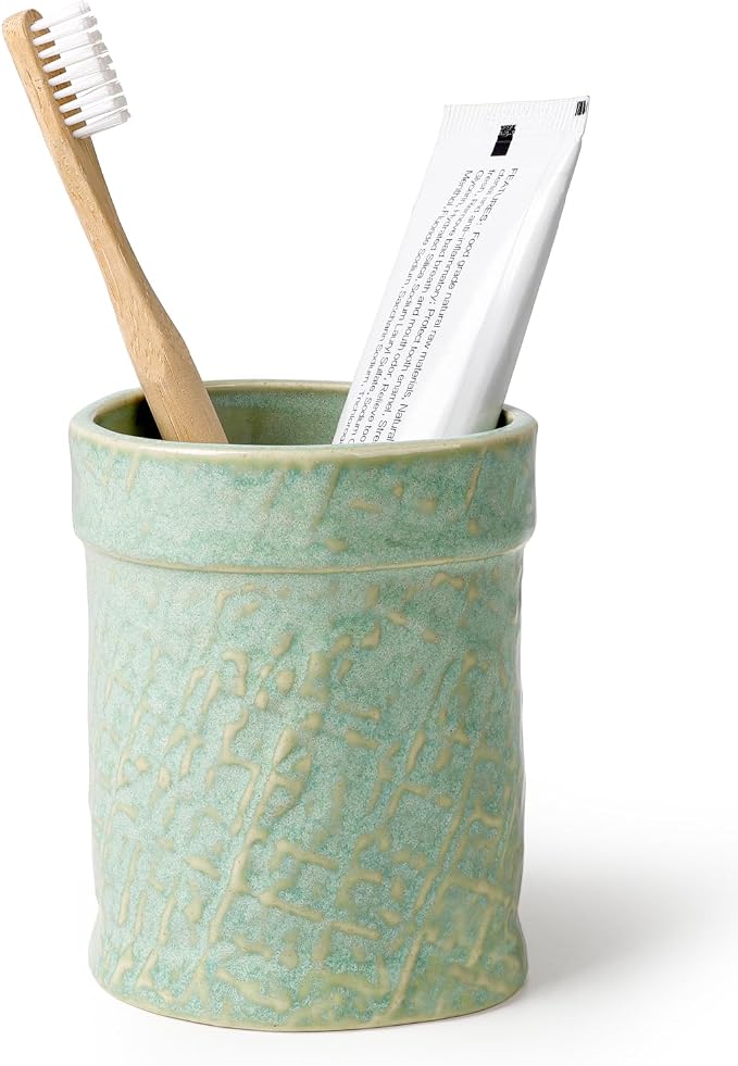 Toothbrush Holder, Tooth Brush Holder for Bathroom - Ceramic Toothbrush Cup Toothbrush Holders Countertop, Makeup Brush Holder Pen Holder, 3.54" x 3.54" x 4.33", Green, ANTIS'S HOME