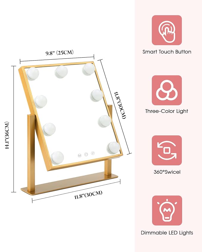 BWLLNI Lighted Makeup Mirror, Gold Vanity Mirror with Lights,9 LED Bulbs | Hollywood Mirror Touch Control Design 3 Colors Dimmable Bulbs Detachable 10X Magnification 360°Rotation