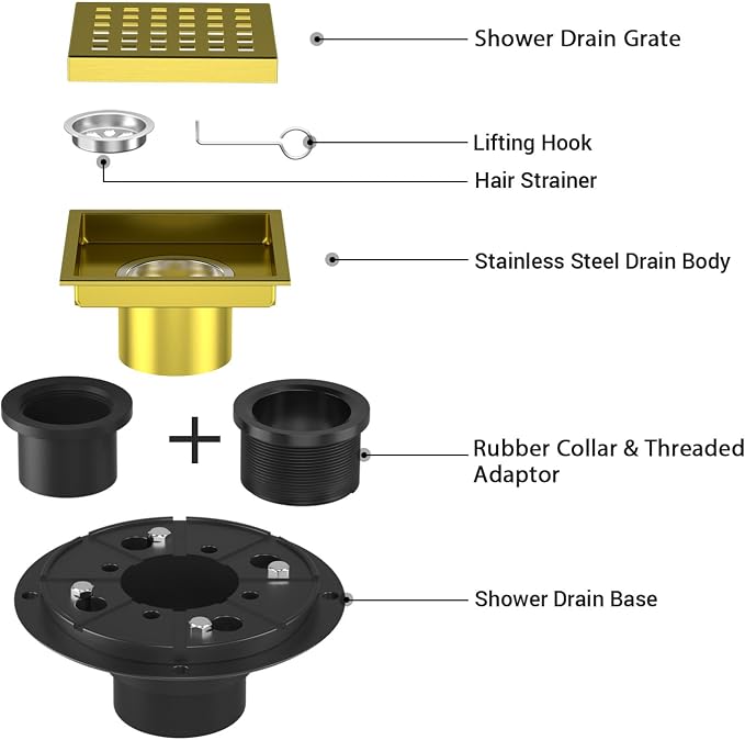 Shower Drain Brushed Gold 4-3/8 Inch, Square Floor Drain, Stainless Steel Bathroom Drain Kit with ABS Flange, Removable Grid Cover, Hair Strainer