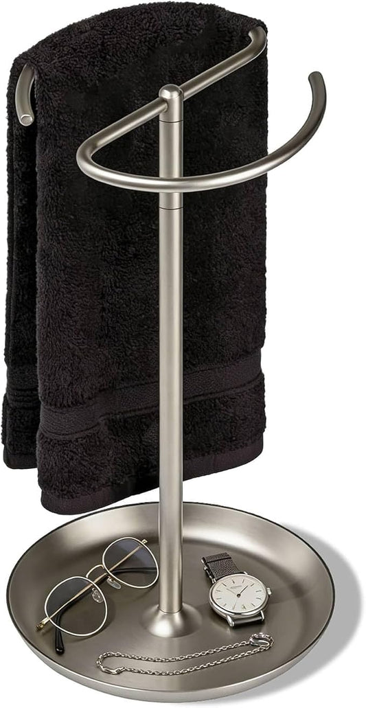Hand Towel Holder Countertop with Storage Tray Weighted (Brushed Nickel) | heavier base | electroplated for a lasting shine | bathroom organizer | storage tray for watch, necklaces, glasses, earring
