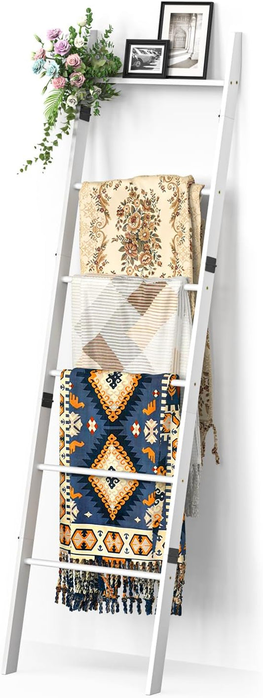 BAMBANG 6-Tier Blanket Ladder for Living Room, Blanket Quilt Ladder Rack Rustic Decorative Towel Holder, Wall Leaning Blanket Ladder Shelf Storage Farmhouse Decor for Bedroom Bathroom, White