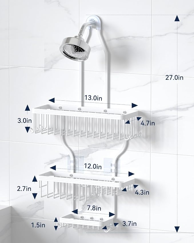 Never Rust Shower Caddy Hanging, Aluminum Shower Racks for Inside Shower, 3-Tier Shower Organizer Hanging Over Shower Head with Hooks and Soap Holder, White
