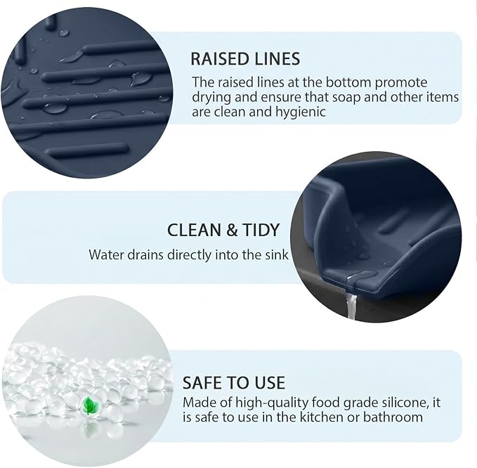 MicoYang Silicone Soap Dish with Drain Spout, Self-Draining Sink Organizer Tray for Bathroom and Kitchen, Sponges, Dispensers & Soap Holder, Non-Slip & Dishwasher Safe, Navy Blue (Compact, 4.9"×3.2")