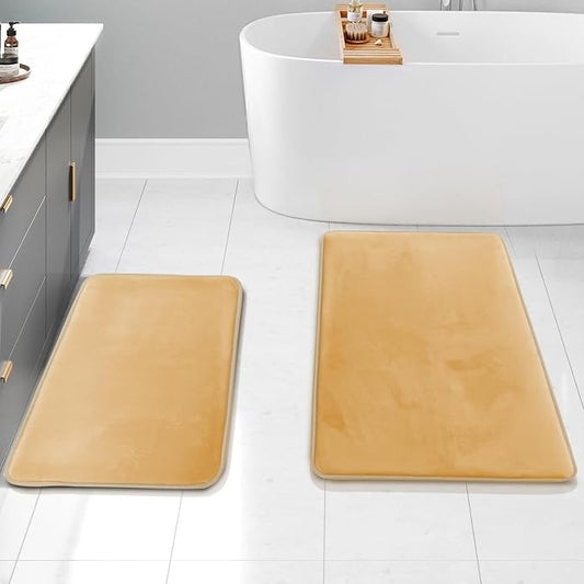 Clara Clark 2 Piece Bathroom Rugs Bath Mat Set, Velvet Memory Foam Bath Mats for Bathroom - Non-Slip, PVC Backing Bath Rugs, Washable - Dries Quickly, Cream