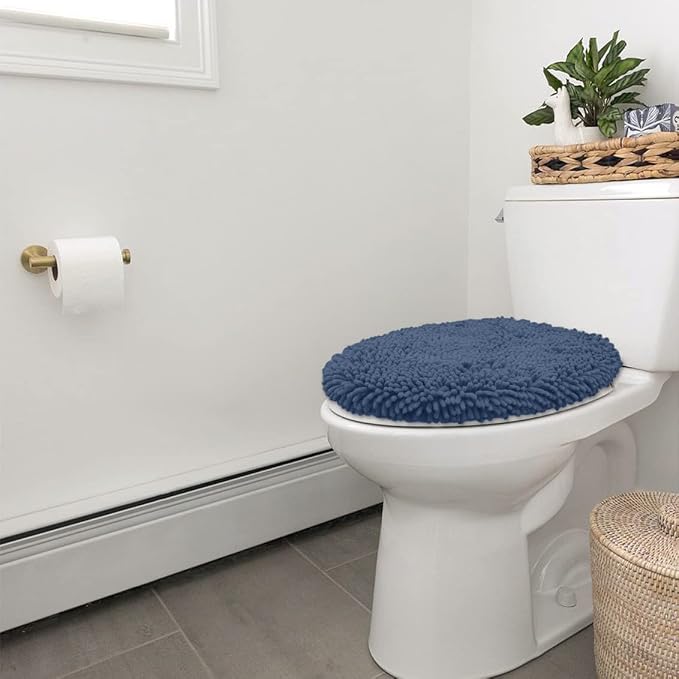 LuxUrux Toilet Lid Cover with Stretch Fit Elastic Band – Chenille Microfiber Toilet Seat Non-Slip Cover for Bathroom – Soft Plush, Machine Wash And Dry, Comfort & Clean Look (18 x 21'', Medium Blue)