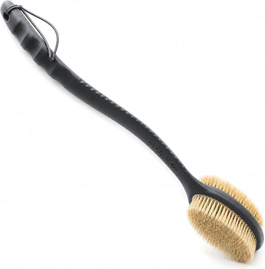 Avilana Long Handle Body Brush for Shower, 19 Inch Curved Back Scrubber with Soft & Stiff Bristles, Exfoliating Body Brush for Back, Legs & Feet, Non-Slip Silicone Handle, Replaceable Head System