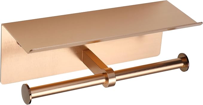 Rose Gold Toilet Paper Roll Holder with Shelf Wall Mounted for Bathroom (Rose Gold, Double Head)