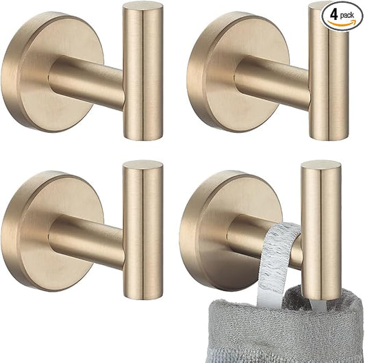 JQK Bathroom Towel Hook Champagne Bronze, Coat Robe Clothes Hook for Bathroom Wall Mounted (Pack of 4), SUS 304 Stainless Steel 0.8mm, TH100-CB-P4