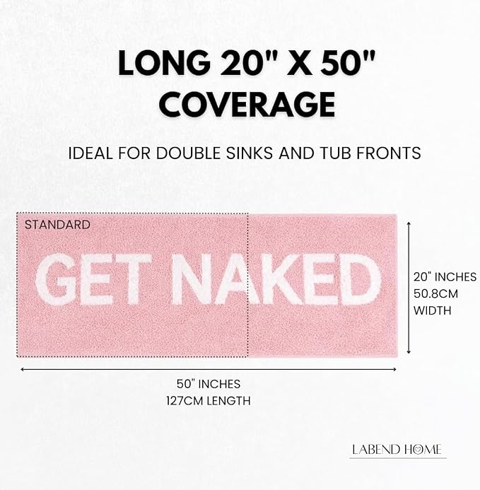 LABEND HOME Get Naked Bath Mat Runner 50"" x20 - Funny Bathroom Rug, Plush Microfiber Non-Slip TPR Backing, Machine Washable Quick-Dry Bath Decor - Pink