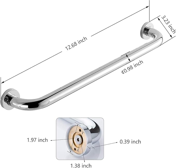 Shower Arms Grab bar for Bathroom Anti-Slip Safety Handrail Wall Grip Handle for Bathtub Toilet Slide Bars Brass Chrome Polished (12 INCH)