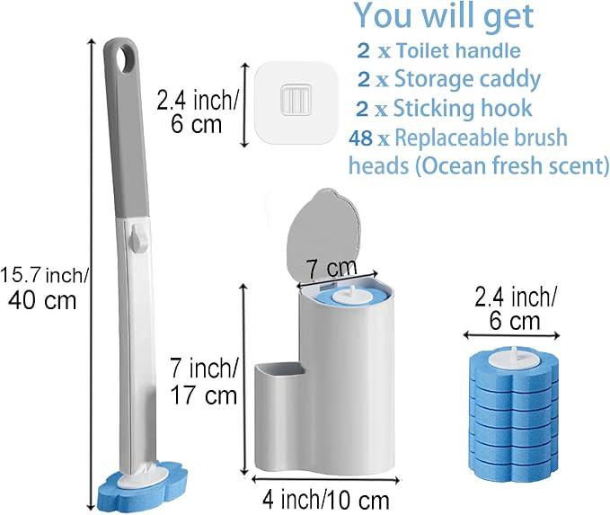 2 Pack Disposable Toilet Brush and Holder Set,Extended Handle with 48 Cleaner Refills Toilet Brush for Toilet Bowl Cleaners,Bathroom Cleaning, Bathtub - Blue (Ocean Fresh Scent)