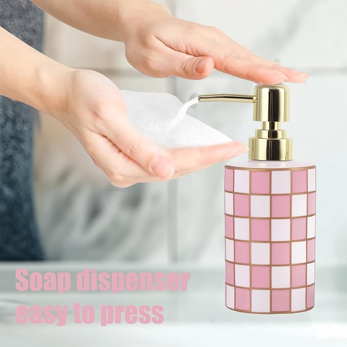 Bathroom Toothbrush Holder Set, Ceramic Checkered Soap Dispenser and Tooth Brush Holder Set, Modern Bathroom Accessories Sets Countertop, Black and White Checkered Bathroom Decor Set (Pink)