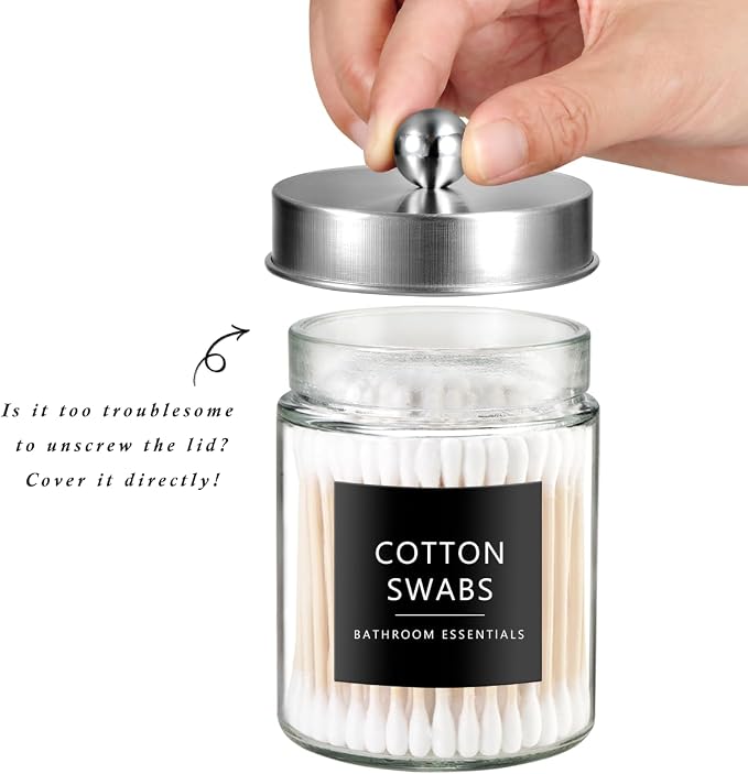 SheeChung 2 Pack Glass Qtip Holder with Brushed Nickel Stainless Steel Lids | Apothecary Jars with Stickers, Modern Farmhouse Bathroom Vanity Organizer for Cotton Swabs, Balls, Pads