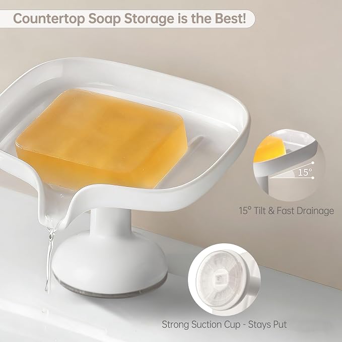 PAVSTINE Self-Draining Soap Dish with Suction Cup, Stand Bar Soap Holder | No-Drill Mounting, Removable for Easy Cleaning, Keeps Soap Dry, for Bathroom, Shower & Kitchen Sink, White