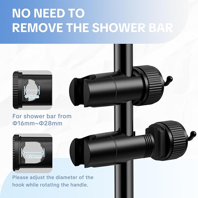 OFFO Shower Head Holder, Adjustable Handheld Shower Head Holder with 2 Hooks for 0.79-0.9 in Shower Hose, 360 Degree Rotation Shower Handle Holder for 0.63-1.1 in O.D. Shower Slide Bar, Matte Black
