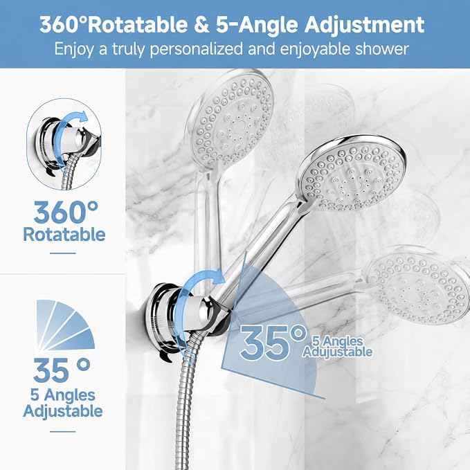 Suction Shower Head Holder, Removable Wall-Mount Handheld Shower Holder, No-Drill Adjustable Chrome Suction Cup 5-Angle Tilt & 360° Swivel