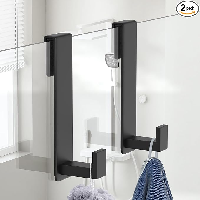 HUFEEOH 2-Pack Shower Towel Hooks, Stainless Steel 7.5-Inch Extended Over Door Hooks for Frameless Glass Shower Door, Heavy Duty Towel Rack for Bathroom, Holds Robes & Towels, Black