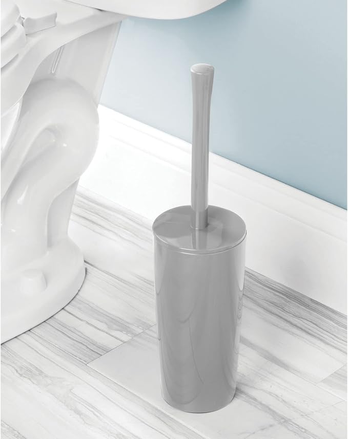 mDesign Slim Plastic Toilet Bowl Brush and Holder Set, Modern Compact Storage Organizer Cleaner Scrubber for Toilet - Heavy Duty Cleaning Plunger for Bathroom, Aura Collection - Gray