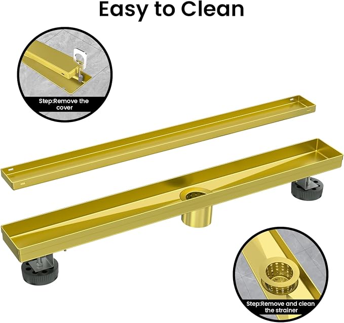 EXF Linear Shower Drain 30 Inch Brushed Gold Tile Insert, Stainless Steel Rectangle Bathroom Floor Drain Cover with Hair Catcher, Adjustable Feet