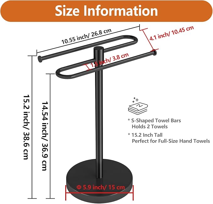 Bethom Hand Towel Holder for Bathroom Countertop, Weighted Base, Black | Stainless Steel 15.2 Inch Hand Towel Stand, S-Shape Towel Racks Holds 2 Towels