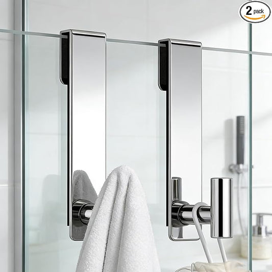 PMMASTO Shower Door Hooks, (7.5 Inch) Extended Towel Hooks for Bathroom Frameless Glass Shower Door, Stainless Steel Heavy Duty Hooks (Polished Silver, T Shape-Fits 3/8" Thick Door)