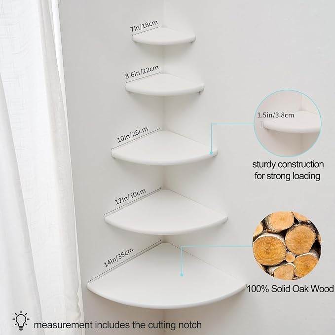 Corner Shelf, Solid Oak Wood Floating Corner Shelf Wall Mount Round End Floating Speaker with Wire Hole for Small Plant Photo for Bedroom Kitchen, Living Room White