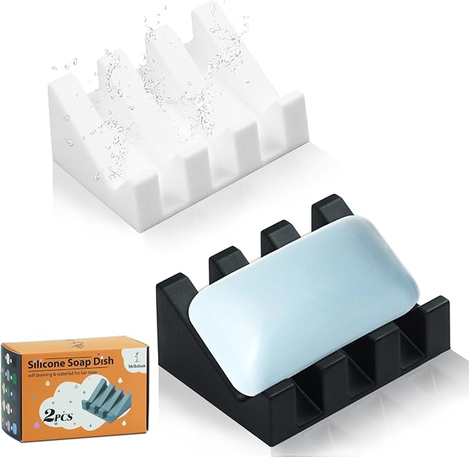 Self Draining Silicone Soap Dish Holder Waterfall Tray, 2 Pack Black White | Waterfall design drains fast to keep soap dry, non-slip silicone base anti slide, soap saver for bathroom & kitchen