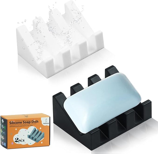 Self Draining Silicone Soap Dish Holder Waterfall Tray, 2 Pack Black White | Waterfall design drains fast to keep soap dry, non-slip silicone base anti slide, soap saver for bathroom & kitchen
