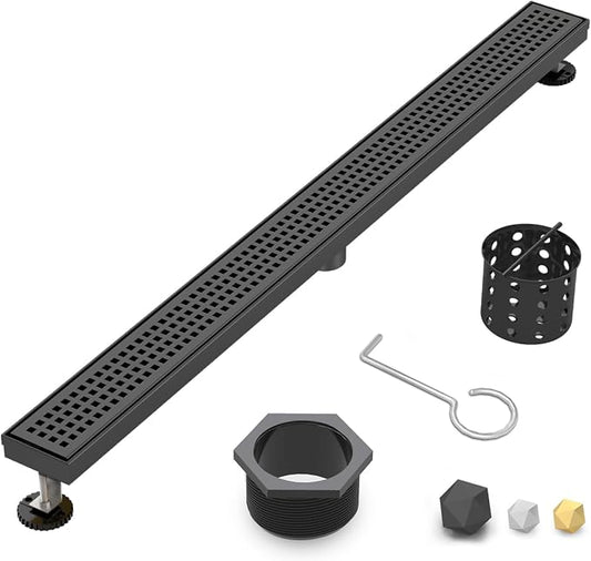 Linear Shower Drain | 48 Inch AISI 304 Stainless Steel Shower Drain, Matte Black Linear Drain with Removable Quadrato Grate Cover & Adjustable Feet, Rectangle Floor Drain, in Bathroom Balcony etc