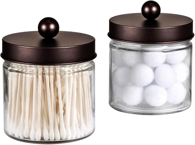 SheeChung Glass Mason Jar Qtip Holder, Bronze Stainless Steel Lids, 2 Pack | Clear Apothecary Jar Canisters Set,Bathroom Jar Dispenser,Vanity Storage Organizer for Cotton Swab,Ball,Floss,Farmhouse Decor