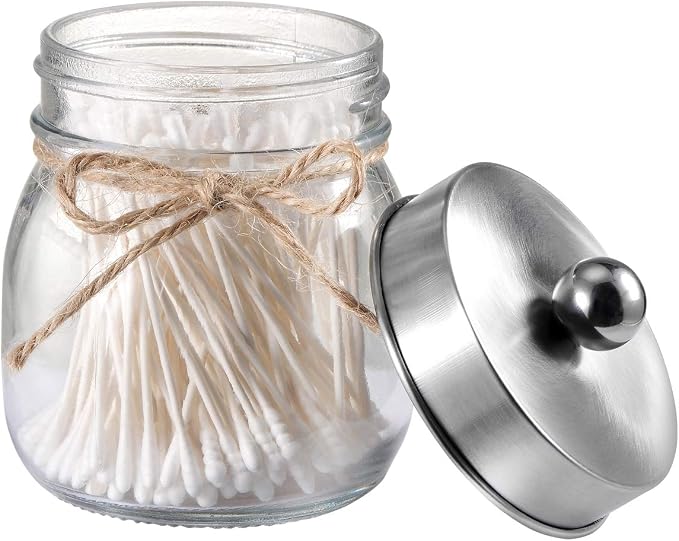 SheeChung Glass Mason Jar Qtip Holder, Brushed Nickel Stainless Steel Lid | Clear Apothecary Jar Canisters Set,Bathroom Jar Dispenser,Vanity Storage Organizer for Cotton Swab,Ball,Floss,Farmhouse Decor