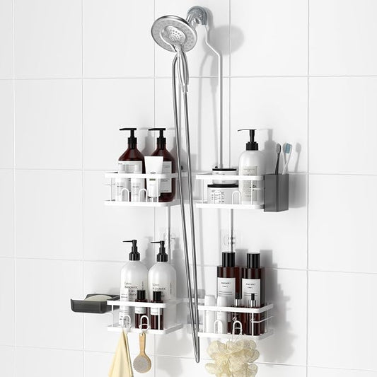 REINHARDT Adjustable Shower Caddy Hanging for Handheld Showerheads, White | Patented Shower Organizer, Rustproof, 40lbs Capacity, Anti-Swing, Tool-Free, Suction Cups, 8 Hooks, Soap & Toothbrush Holder