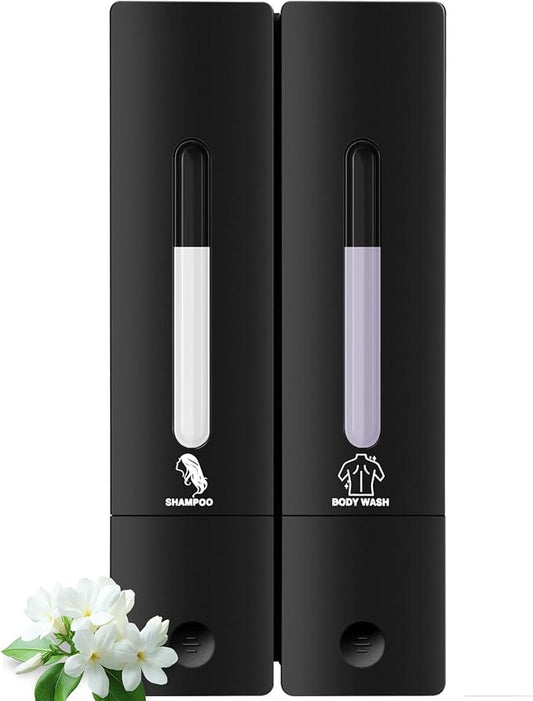 2 Chamber Shampoo and Conditioner Dispenser, No Drill Shower Soap, Black | Refillable wall-mounted bottle set, BPA-free. 2x400ml. Bathroom, shower, hotel. Dispenses body wash, lotion, soap, gel.