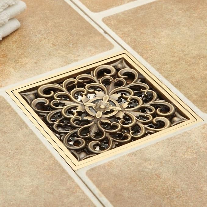 AUNMAS 4 Inch Brass Bathroom Floor Drain with Removable Cover, Art Carved Flower Pattern Shower Sink Drain Strainer for Hotel Home (1#)