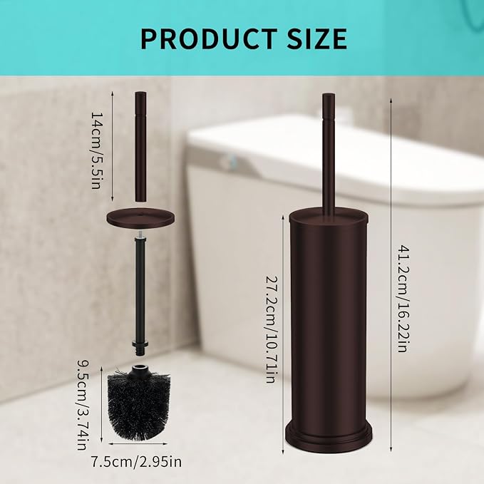 Stainless Steel Toilet Brush and Holder Set,Toilet Bowl Brush and Holder | Bronze Heavy Duty Toilet Brush for Bathroom with Long Handle,Removable Inner Bowl and Splash Protection,Deep Cleaning