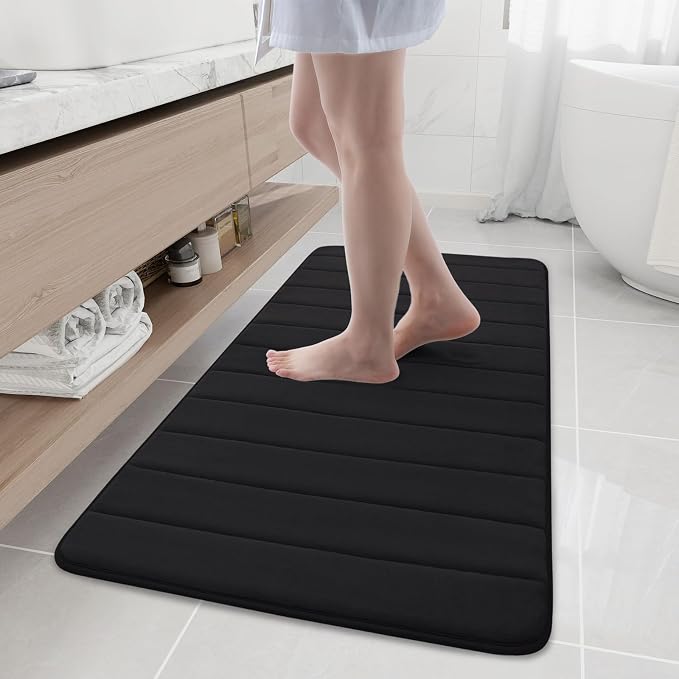 Buganda Memory Foam Bath Mat 47 x 20, Ultra Soft Absorbent Bathroom Rugs | Black, Machine Washable Quick Dry Bath Mats for Bathroom Floor, Shower and Tub, Home Decor Accessories