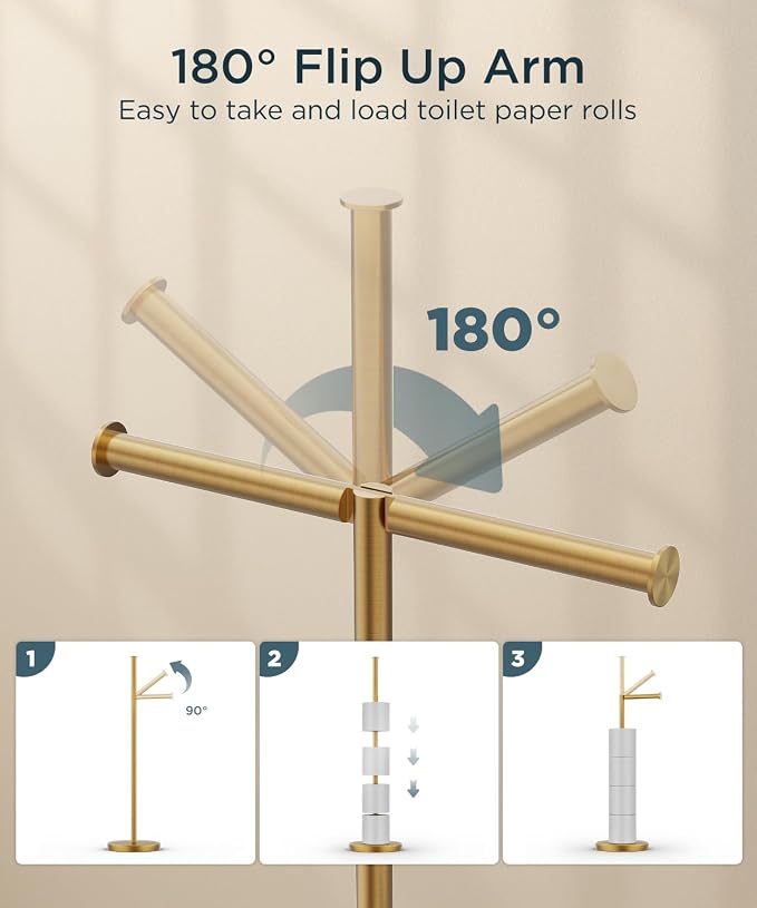 FORIOUS Toilet Paper Holder Stand, 4 Roll Storage, Weighted Base | Brushed Gold | Freestanding Tissue Roll Holder | SUS304 Stainless Steel Rustproof | Bathroom Toilet Paper Stand | Modern