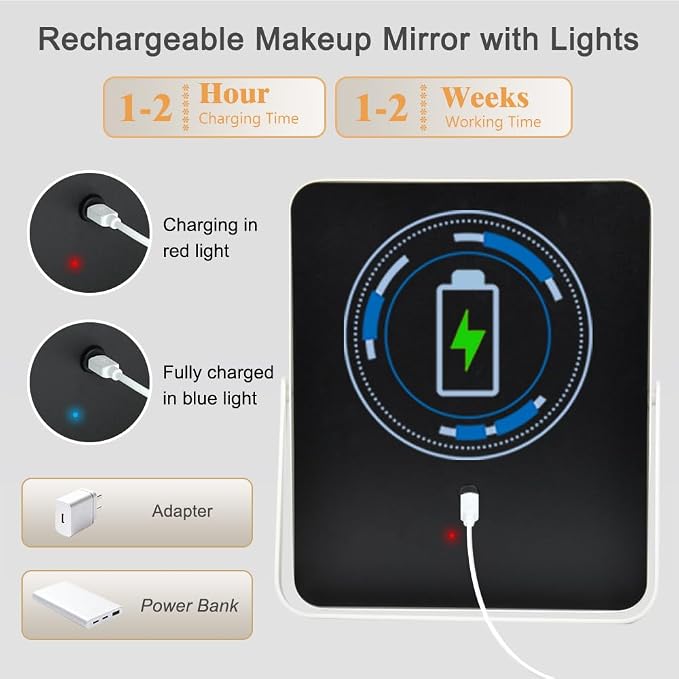 YEKKOPT Portable Desk Vanity Mirror with Lights,12"×10" Small Rechargeable Makeup Mirror with Lights,Smart Touch Screen with 3-Color Lighting,Dimmable,for Dorm Tabletop,Bedroom,Decor