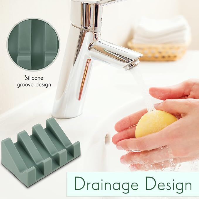 Cunhill 2 Pieces Silicone Soap Dish Self Draining Soap Dish Shower Waterfall Bar Soap Holder Tray with Drain Soap Saver for Kitchen Bathroom Accessories (Dark Grey,Light Green)