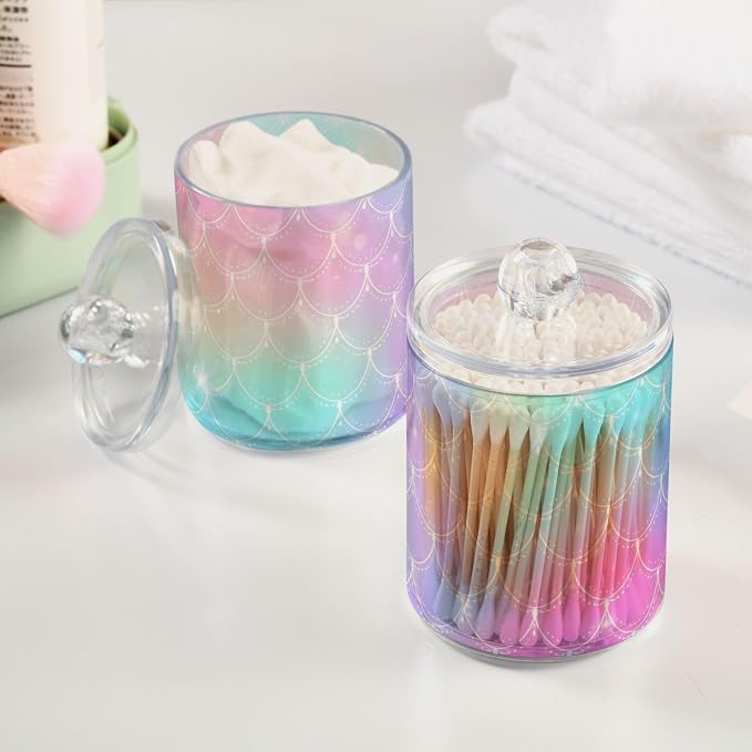 2 Pack Qtip Holder Dispenser for Cotton Ball Rainbow Scales Mermaid Cotton Swab Cotton Round Pads Clear Plastic Acrylic Jar Set Bathroom Canister