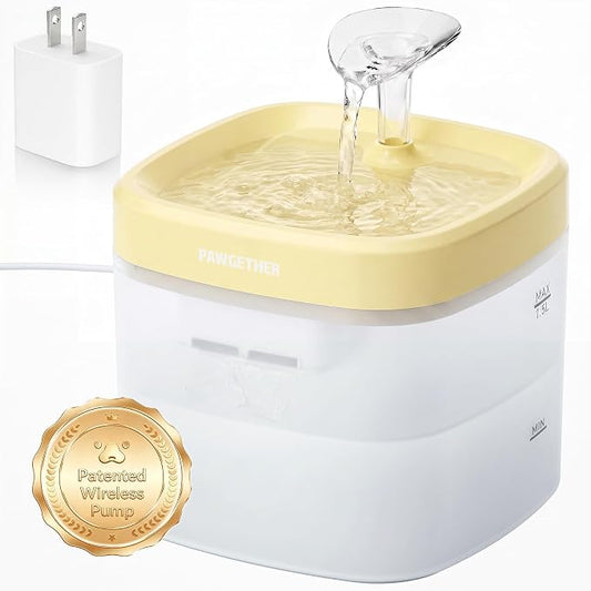 PAWGETHER® Cat Water Fountain with Wireless Pump 51oz/1.5L Dog Water Fountain, Ultra Quiet Automatic Pet Water Fountain Portable Indoor Ourdoor Travel Small Dog Water Dispenser with Adapter Yellow