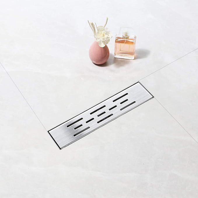 Linear Shower Drain, Shower Drain 12 inch with Bar Pattern Grate, Durable AISI 304 Stainless Steel Shower Drain, Linear Drain with Hair Strainer and Leveling Feet