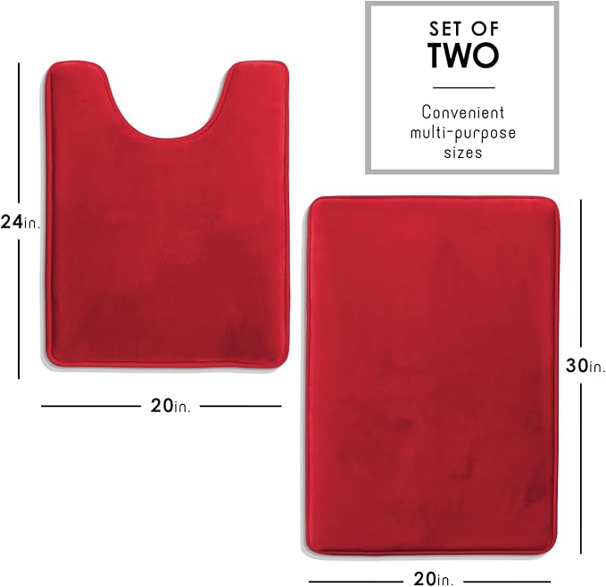 Clara Clark 2 Piece Bathroom Rugs, Velvet Memory Foam Bath Mat Set, Non-Slip Bath Rugs, Machine Wash, Dries Quickly, Ultra Soft Plush Bath Mats for Bathroom, 20 x 32 + Contour, Red